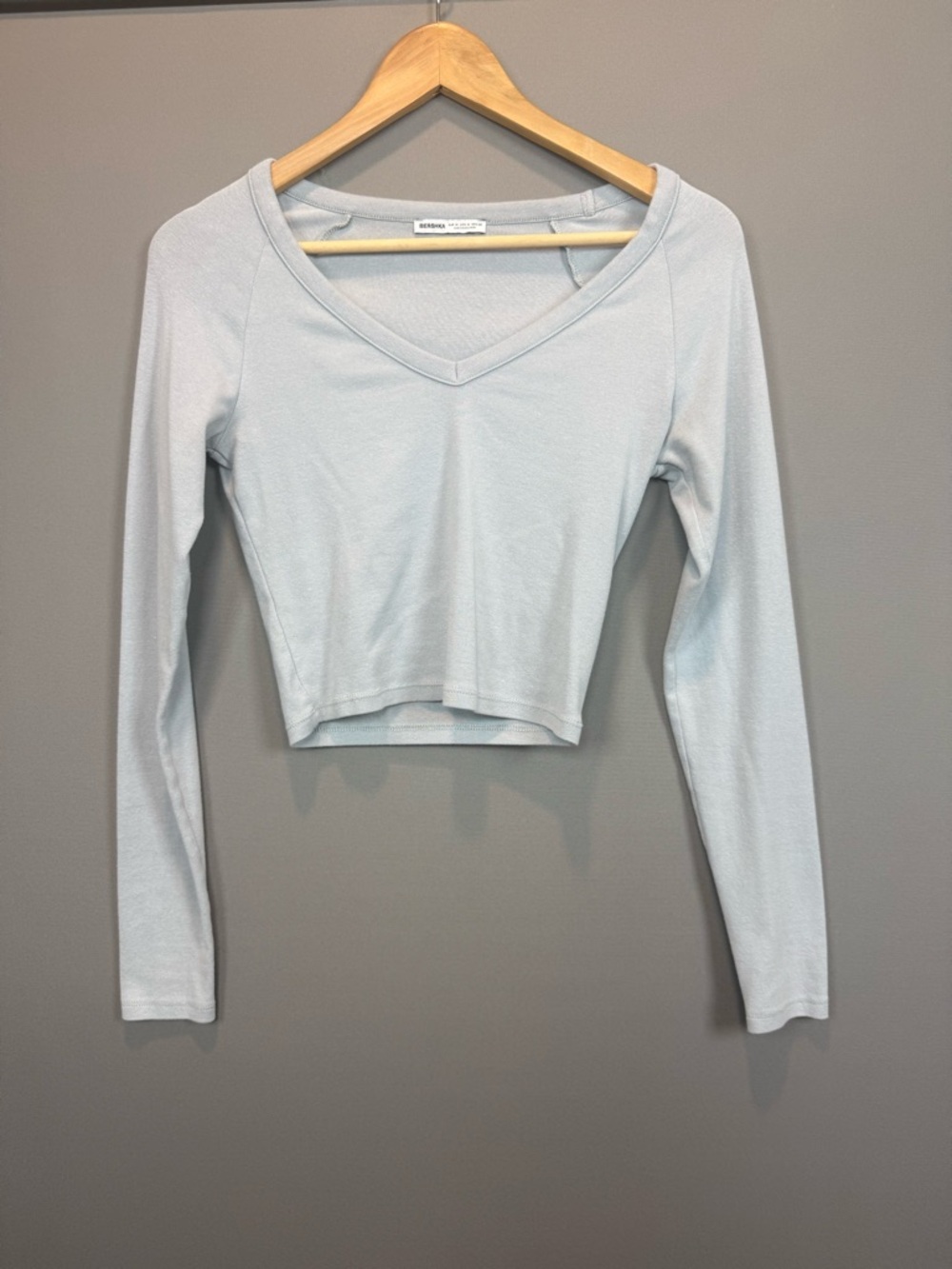 Bershka Light Blue Long-Sleeve V-Neck Crop Top